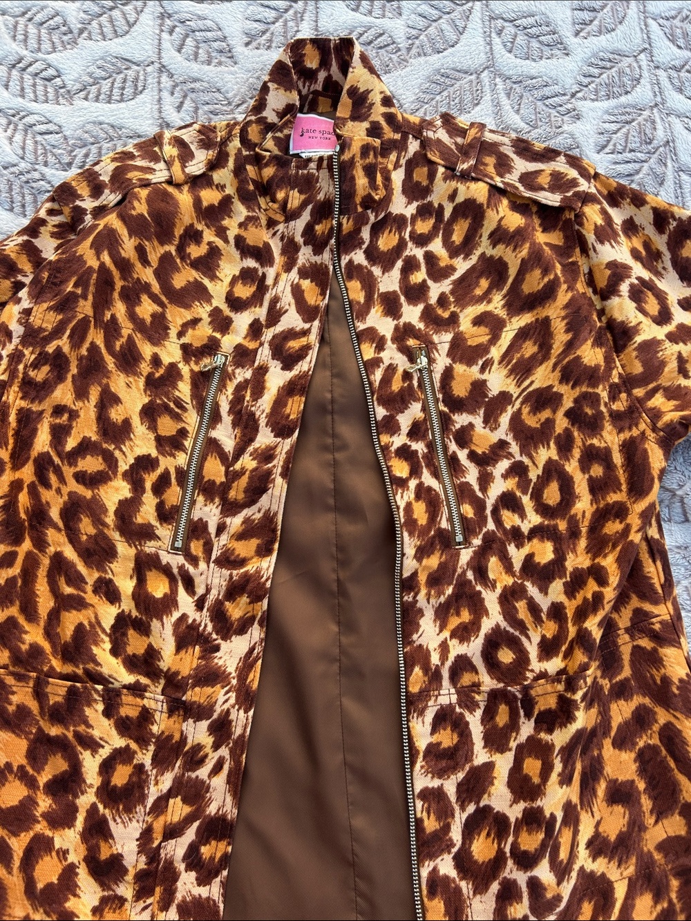 Women's XXS Kate Spade Leopard-Print Bomber Jacket in Brown and Gold Tones.
